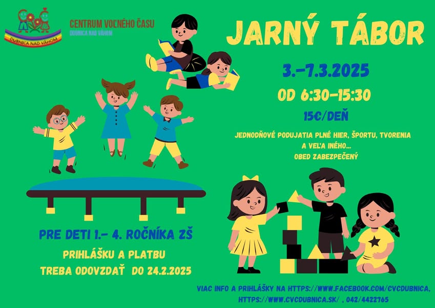 Zažite s nami jarné prázdniny plné dobrodružstiev 🙂 3.3. -7.3.2025, 6.30h – 15.30h, cena: 15€/deň Tábor je určený pre deti 1. – 4. ročníka ZŠ a každý prázdninový deň budú […]